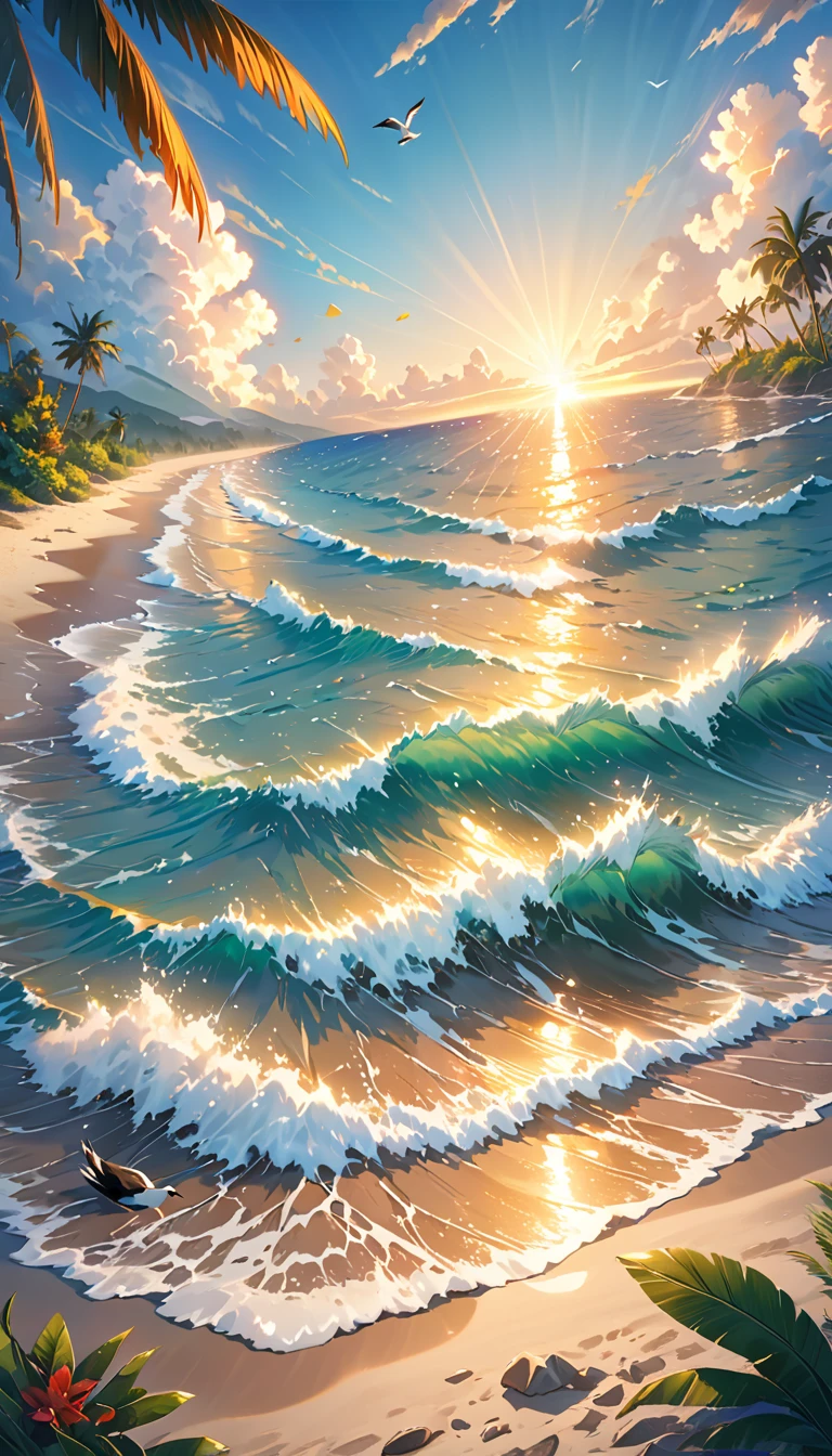 detailed ocean scenery, beautiful waves crashing on the shore, golden sunset over the sea, seabirds flying in the sky, sandy beach with driftwood, lush tropical plants and palm trees, crystal clear turquoise water, atmospheric lighting, photorealistic, highly detailed, vivid colors, cinematic composition, masterpiece