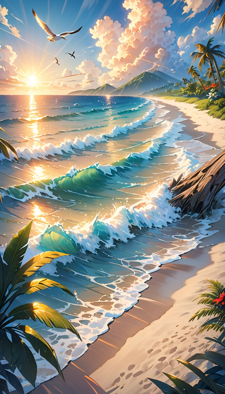 detailed ocean scenery, beautiful waves crashing on the shore, golden sunset over the sea, seabirds flying in the sky, sandy beach with driftwood, lush tropical plants and palm trees, crystal clear turquoise water, atmospheric lighting, photorealistic, highly detailed, vivid colors, cinematic composition, masterpiece