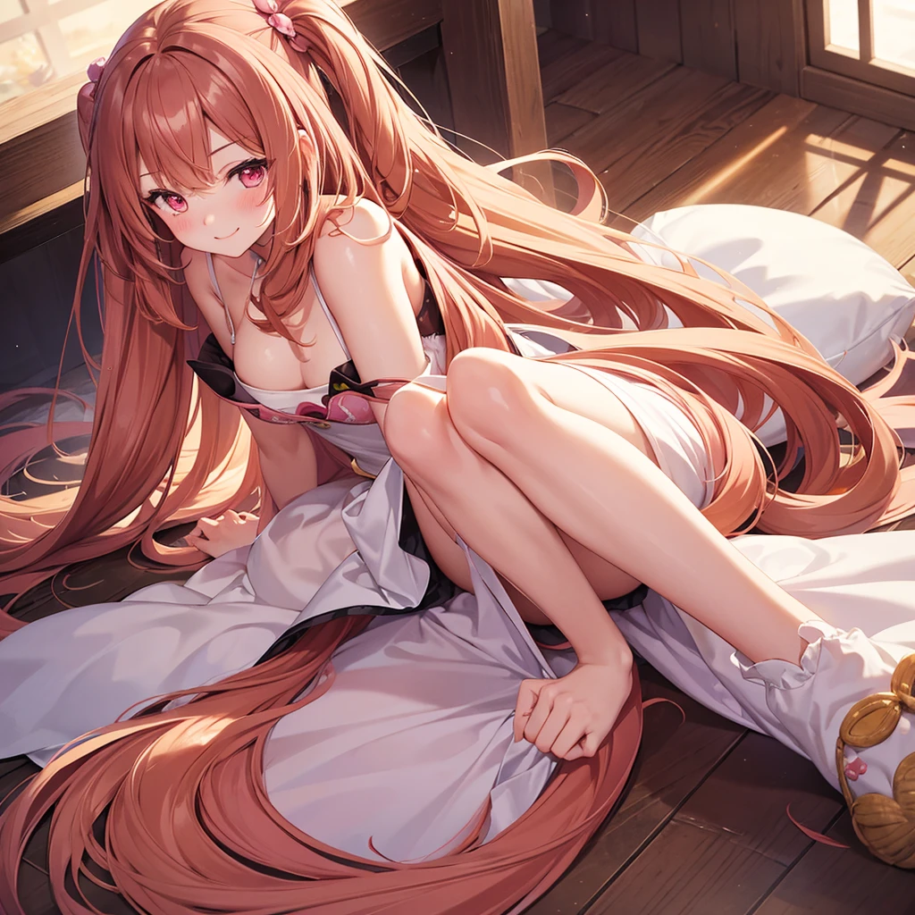 One girl, Long Hair, smile, bangs, Long Hair,Chestnut Hair,Drooping eyes,Illustration, fluffy,one piece,Pink eyes, Blushing, solo, Slim body