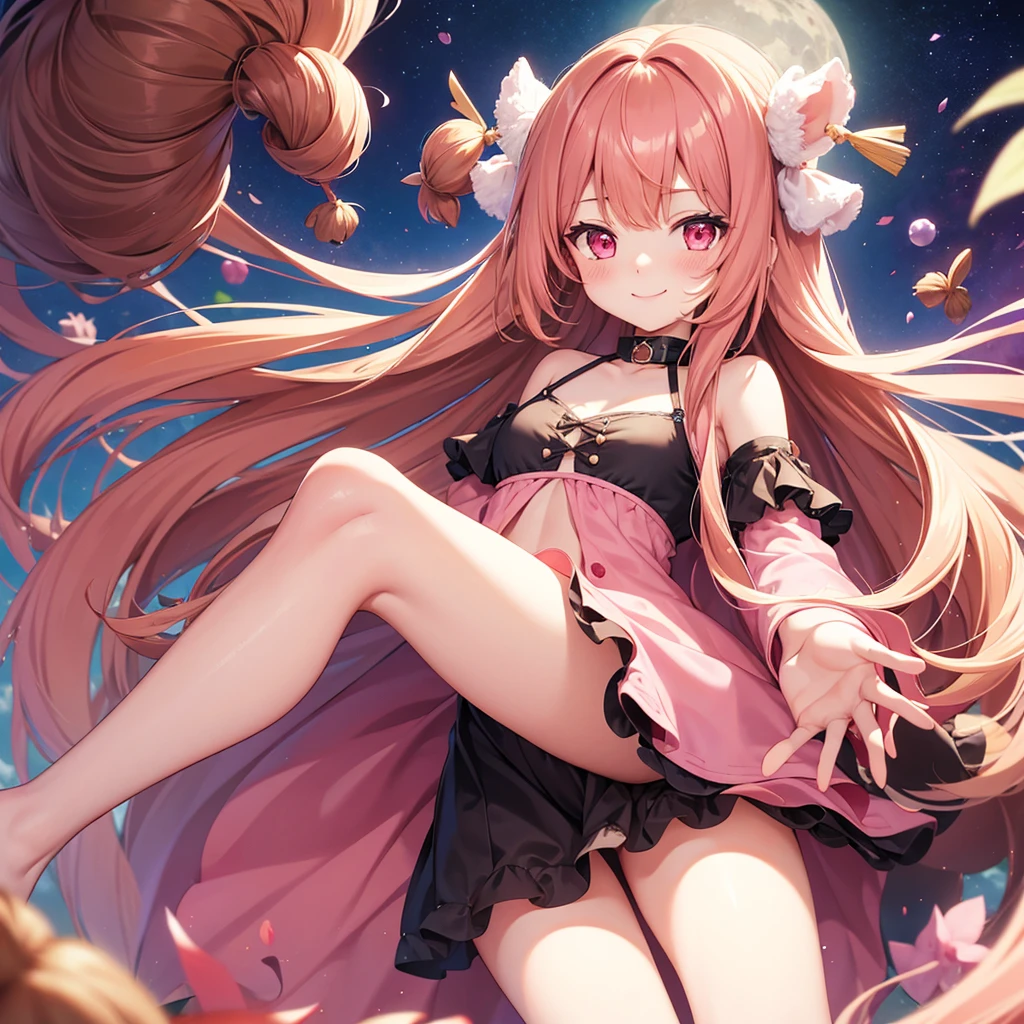One girl, Long Hair, smile, bangs, Long Hair,Chestnut Hair,Drooping eyes,Illustration, fluffy,one piece,Pink eyes, Blushing, solo, Slim body