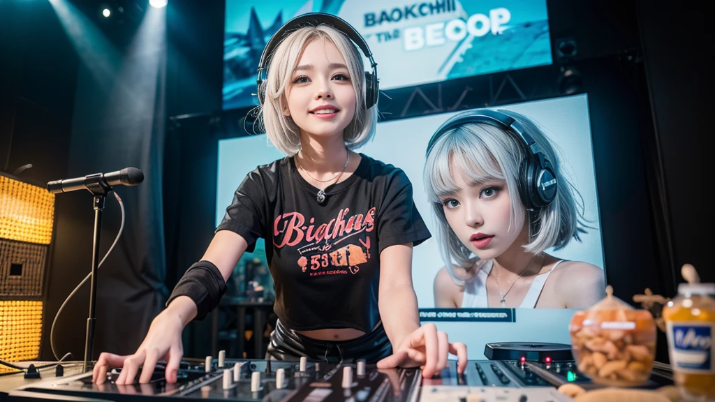 (ultra - detailed, 16K resolution, Cinema lenses, rendering by octane), (high resolution:1.18), intricate detail, (masterpiece:1.1), (highest quality:1.1), (1girl, portrait, white hair, blue eyes, short hair, detailed eyes),Wearing silver DJ headphones, sequined T-shirt, (in the beach:1.5), (Iconic hip-hop pop costumes:1.3), Smile while DJing on stage, DJ studio next to the beach, ((A stylish DJ stage on a hill overlooking the beach)), full body shot, Photorealistic photography by Sunshine, (cute round face:1.3), perfect fingers, five fingers, beautiful hands, perfect hands. master peace, cute smile, Fixhand.