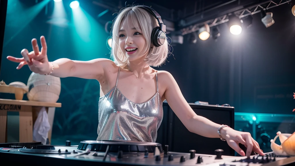 (ultra - detailed, 16K resolution, Cinema lenses, rendering by octane), (high resolution:1.18), intricate detail, (masterpiece:1.1), (highest quality:1.1), (1girl, portrait, white hair, blue eyes, short hair, detailed eyes),Wearing silver DJ headphones, sequined T-shirt, (in the beach:1.5), (Iconic hip-hop pop costumes:1.3), Smile while DJing on stage, DJ studio next to the beach, ((A stylish DJ stage on a hill overlooking the beach)), full body shot, Photorealistic photography by Sunshine, (cute round face:1.3), perfect fingers, five fingers, beautiful hands, perfect hands. master peace, cute smile, Fixhand.
