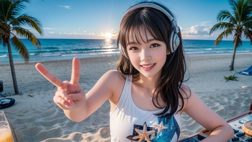(ultra - detailed, 16K resolution, Cinema lenses, rendering by octane), (high resolution:1.18), intricate detail, (masterpiece:1.1), (highest quality:1.1), (1girl, portrait, white hair, blue eyes, short hair, detailed eyes),Wearing silver DJ headphones, sequined T-shirt, (in the beach:1.5), (Iconic hip-hop pop costumes:1.3), Smile while DJing on stage, DJ studio next to the beach, ((A stylish DJ stage on a hill overlooking the beach)), full body shot, Photorealistic photography by Sunshine, (cute round face:1.3), perfect fingers, five fingers, beautiful hands, perfect hands. master peace, cute smile, Fixhand.