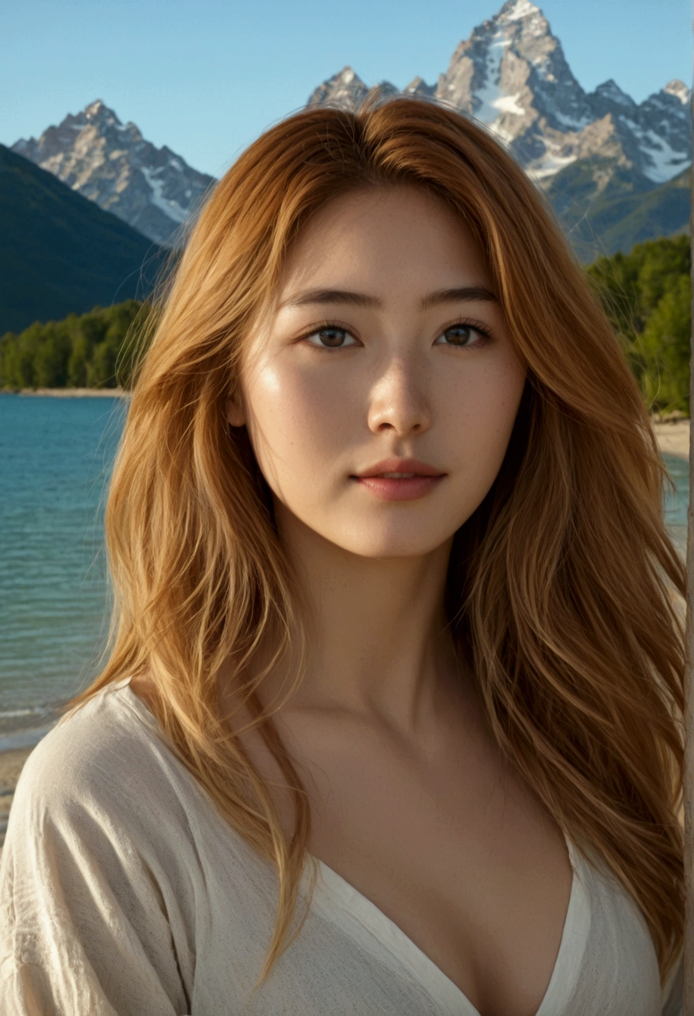 Une jeune fille asiatique de 25 ans aux longs cheveux roux .yeux gris expressifs, Enormes Seins naturels, à quatre pattes), coucher de soleil et plage de sable fin ((très réaliste)) sensuel ,Sexy, tetons attractive, grosses fesses XXL