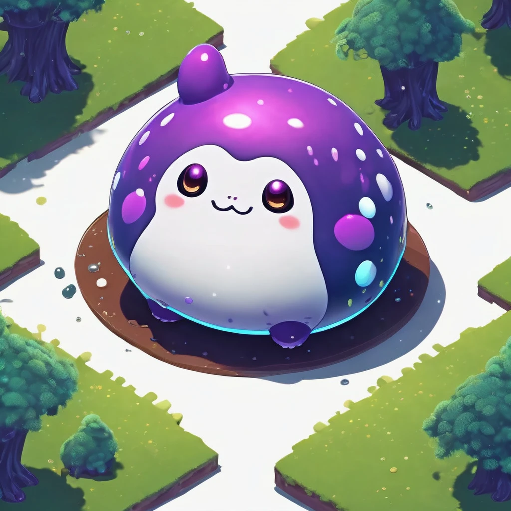 Isometric view, Dark fantasy anime style, beautiful stylized digital painting of adorable slime creature, simple chubby plump round shape, white background