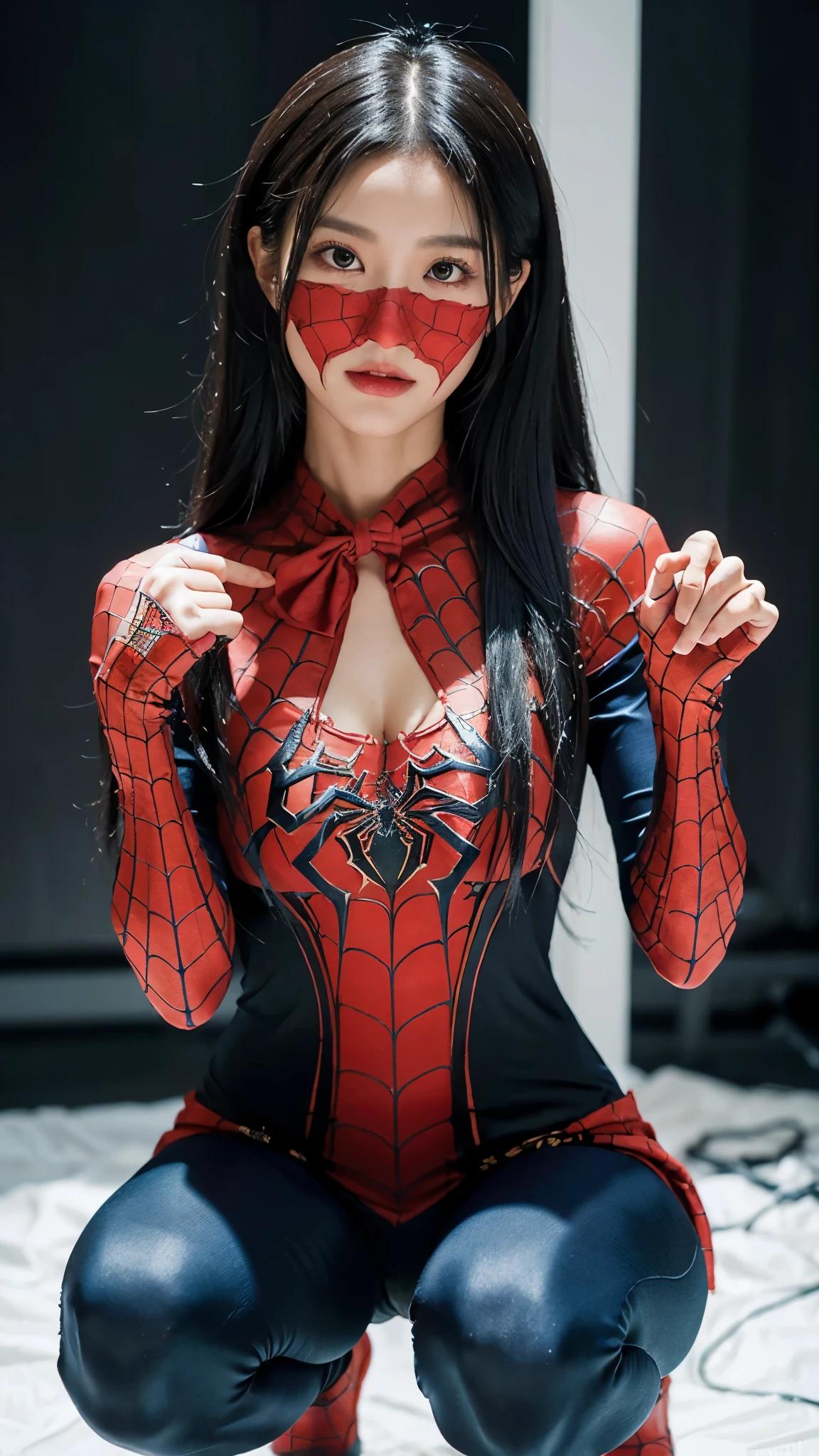 score_9,score_8_up,score_7_up,score_6_up, source_illustration, a cute thin asian girl with ((long black hair),  fit body, tight belly, sexy face, brown eyes, perfect eyes, slanted eyes, Silk from Spiderman costume, black and white costume, red bandana mask, red spiderweb accents on chest, ripped costume, exposed body, looking at viewer, squatting spiderman pose