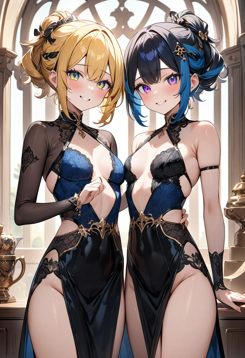 (masterpiece, top quality, very aesthetic, 4k、illustration), intricate detail, 2girls,Standing 、(cowboy shot)、Randomsmile、()、,
Cute 、Random Hair Color、,middle hair,sidelock ,Random Color　eyes、Random clothes、small breasts、Slim 、