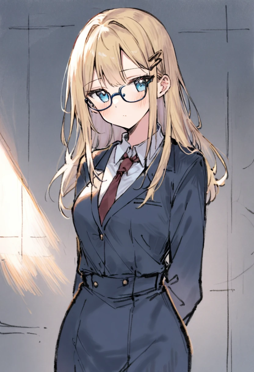 1girl,22years old, office lady,kawaii,intellectual,blonde hair, blue eyes,jitome,hair pin,glasses,navy blazer,collared shirt,navy tight skirt, office, masterpiece, best quality, absurdres, cowboy shot, colored pencil art style, hand-drawn aesthetic, soft shading, textured paper background, gentle colors, sketch-like quality, artistic portrait, delicate lines, subtle blending, warm lighting
