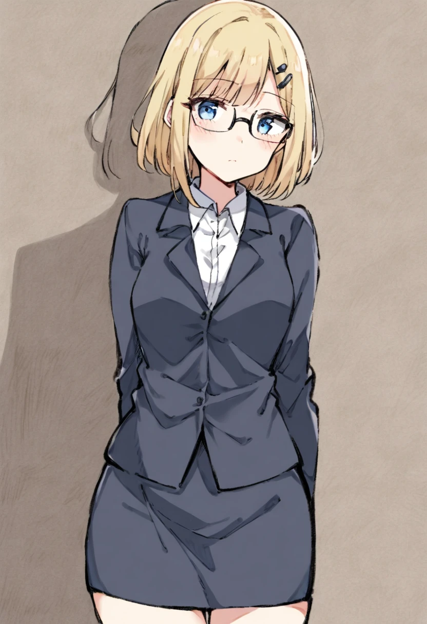 1girl,22years old, office lady,kawaii,intellectual,blonde hair, blue eyes,jitome,hair pin,glasses,navy blazer,collared shirt,navy tight skirt, office, masterpiece, best quality, absurdres, cowboy shot, colored pencil art style, hand-drawn aesthetic, soft shading, textured paper background, gentle colors, sketch-like quality, artistic portrait, delicate lines, subtle blending, warm lighting