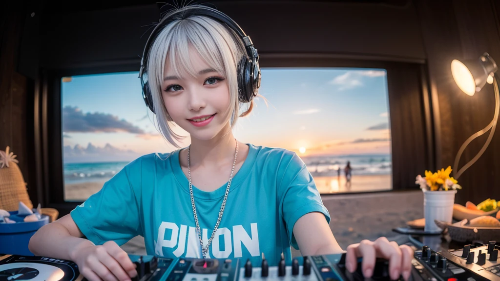 (ultra - detailed, 16K resolution, Cinema lenses, rendering by octane), (high resolution:1.18), intricate detail, (masterpiece:1.1), (highest quality:1.1), (1girl, portrait, white hair, blue eyes, short hair, detailed eyes),Wearing silver DJ headphones, sequined T-shirt, (in the beach:1.5), (Iconic hip-hop pop costumes:1.3), Smile while DJing on stage, DJ studio next to the beach, ((A stylish DJ stage on a hill overlooking the beach)), full body shot, Photorealistic photography by Sunshine, (cute round face:1.3), perfect fingers, five fingers, beautiful hands, perfect hands. master peace, cute smile, Fixhand.