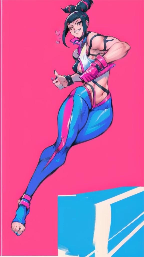 Full body image of Juri Han from Street Fighter 6, From head to toe, wearing her outfit from street fighter 6, female body, athletic body, dynamic pose, detailed pose, simple background, expressive face showing a mischievous grin, focus on face, line art, sketch.
