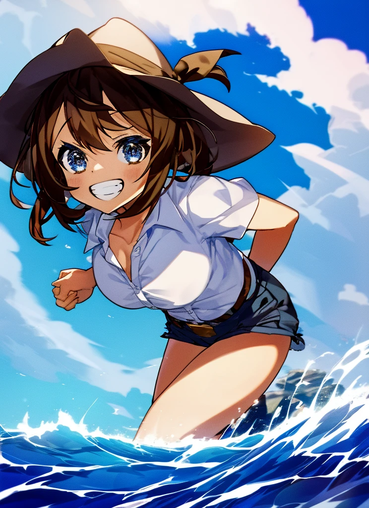 1girl, grin, ribbon, Cumulonimbus, buzzer, Ocean, , short sleeve shirt, from below, cowboy shot
