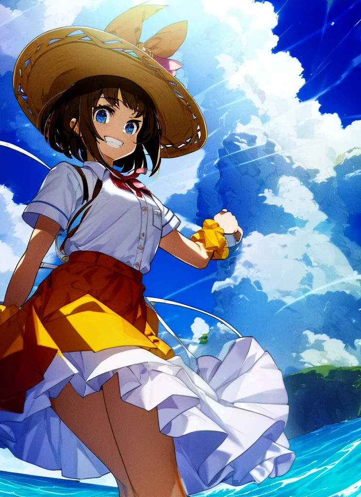1girl, grin, ribbon, Cumulonimbus, buzzer, Ocean, , short sleeve shirt, from below, cowboy shot