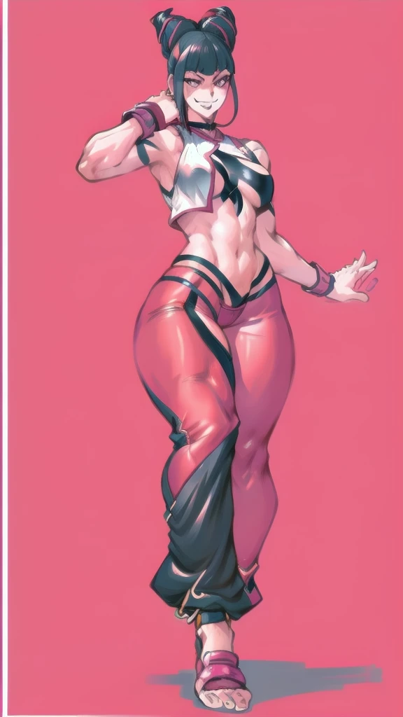 Full body image of Juri Han from Street Fighter 6, From head to toe, wearing her outfit from street fighter 6, female body, athletic body, dynamic pose, detailed pose, simple background, expressive face showing a mischievous grin, focus on face, line art, sketch.
