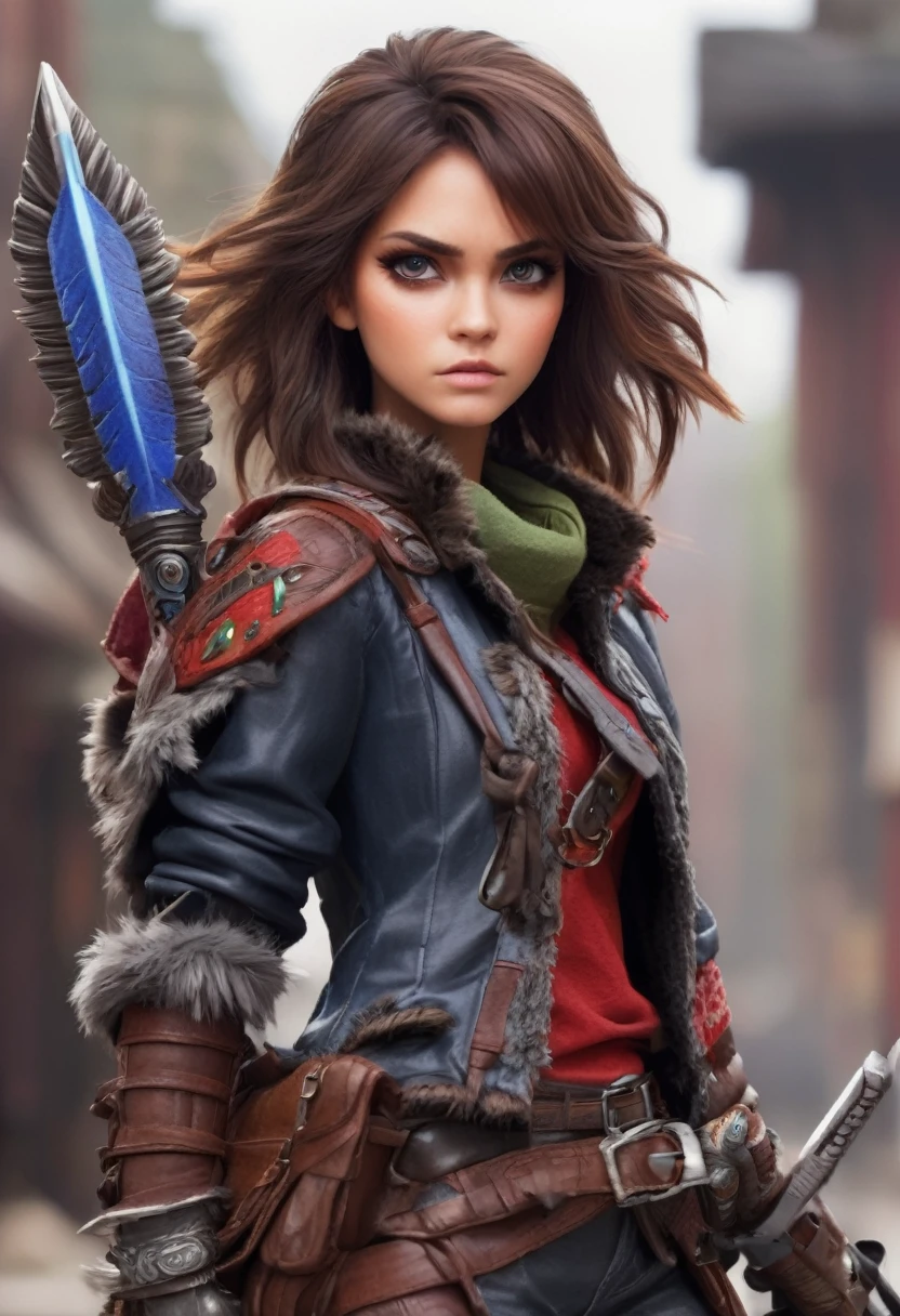 brunette hair, mascle, Eyes red, serious expression, Monster hunter style, hand sword, Ruffian, High details