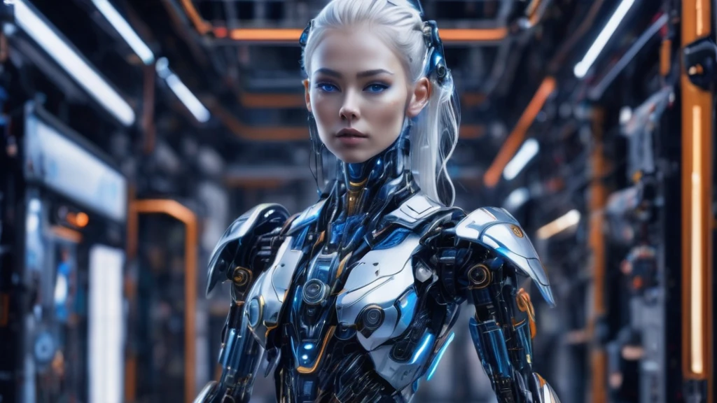 ```
Full-body portrait of a female cyborg, entire figure visible.
16:9 aspect ratio, landscape orientation.
Subject centered, occupying majority of frame height.
Head to toe visibility, no cropping of any body parts.
Frontal view, directly facing the camera.
Russian features: high cheekbones, clear blue holographic eyes.
Short platinum blonde hair with visible tech implants.
Face, torso, arms, and legs all clearly depicted.
Seamless blend of human and robotic elements throughout body.
Metallic components and exposed circuitry on skin.
Transparent panels revealing internal bio-mechanical systems.
Arms and hands fully visible, showing cybernetic enhancements.
Legs and feet prominently displayed, exhibiting robotic design.
Subtle blue energy lines tracing entire body.
Minimal, form-fitting attire to showcase cyborg elements.
Standing pose, arms slightly away from body.
Feet shoulder-width apart, firmly planted.
Faint holographic aura surrounding entire figure.
Futuristic background not obscuring any part of the cyborg.
Even, cool-toned lighting highlighting all body details.
Emphasis on full-body representation from head to toe.
```