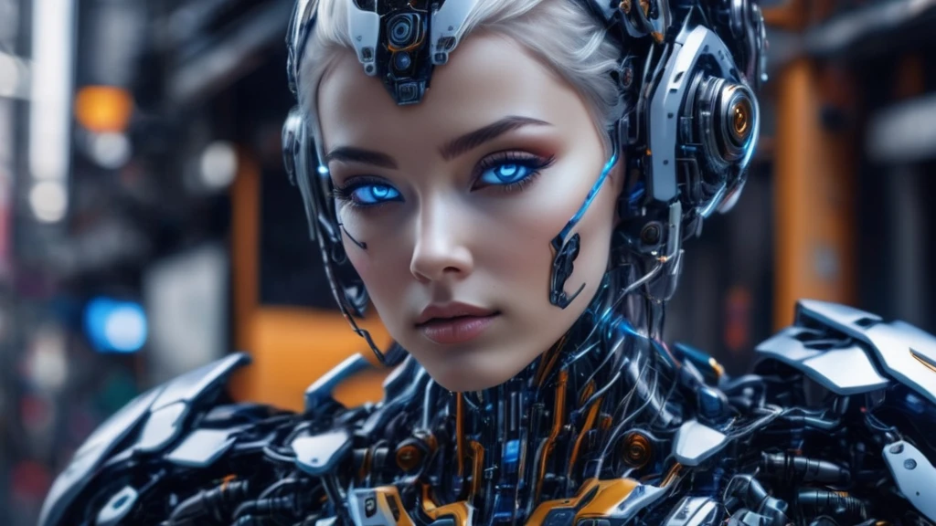 ```
Full-body portrait of a female cyborg, entire figure visible.
16:9 aspect ratio, landscape orientation.
Subject centered, occupying majority of frame height.
Head to toe visibility, no cropping of any body parts.
Frontal view, directly facing the camera.
Russian features: high cheekbones, clear blue holographic eyes.
Short platinum blonde hair with visible tech implants.
Face, torso, arms, and legs all clearly depicted.
Seamless blend of human and robotic elements throughout body.
Metallic components and exposed circuitry on skin.
Transparent panels revealing internal bio-mechanical systems.
Arms and hands fully visible, showing cybernetic enhancements.
Legs and feet prominently displayed, exhibiting robotic design.
Subtle blue energy lines tracing entire body.
Minimal, form-fitting attire to showcase cyborg elements.
Standing pose, arms slightly away from body.
Feet shoulder-width apart, firmly planted.
Faint holographic aura surrounding entire figure.
Futuristic background not obscuring any part of the cyborg.
Even, cool-toned lighting highlighting all body details.
Emphasis on full-body representation from head to toe.
```