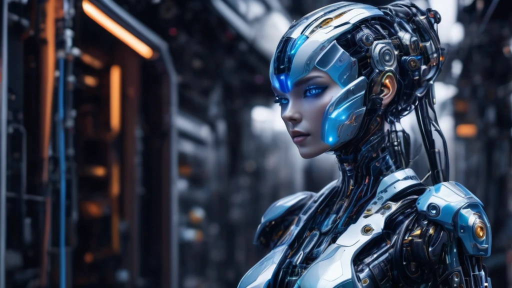 ```
Full-body portrait of a female cyborg, entire figure visible.
16:9 aspect ratio, landscape orientation.
Subject centered, occupying majority of frame height.
Head to toe visibility, no cropping of any body parts.
Frontal view, directly facing the camera.
Russian features: high cheekbones, clear blue holographic eyes.
Short platinum blonde hair with visible tech implants.
Face, torso, arms, and legs all clearly depicted.
Seamless blend of human and robotic elements throughout body.
Metallic components and exposed circuitry on skin.
Transparent panels revealing internal bio-mechanical systems.
Arms and hands fully visible, showing cybernetic enhancements.
Legs and feet prominently displayed, exhibiting robotic design.
Subtle blue energy lines tracing entire body.
Minimal, form-fitting attire to showcase cyborg elements.
Standing pose, arms slightly away from body.
Feet shoulder-width apart, firmly planted.
Faint holographic aura surrounding entire figure.
Futuristic background not obscuring any part of the cyborg.
Even, cool-toned lighting highlighting all body details.
Emphasis on full-body representation from head to toe.
```