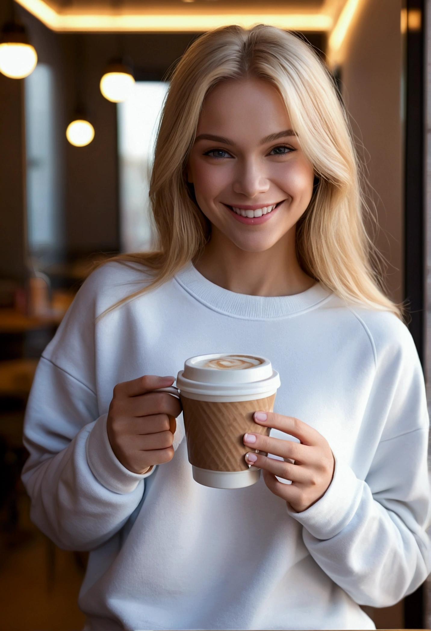 professional full body photo, (4k photo:1.1) by (Jeremy Lipking:0.3), (Dittmann Anna:0.3), (Arian Mark:0.3), (Sharp focus:1.3), high detail, holding coffee cup in her hand smiling, blond hair, russian, instagram model pose, confident, fit girl, lean girl, medium breasts:1.2, perfect anatomy, perfect symmetry:1.2, realistic, realistic face:1.2, perfect face, happy, confident, highly detailed, and dramatic, cinematic lighting, bright scene, soft lights, instagram story, 9-16, white sweatshirt.