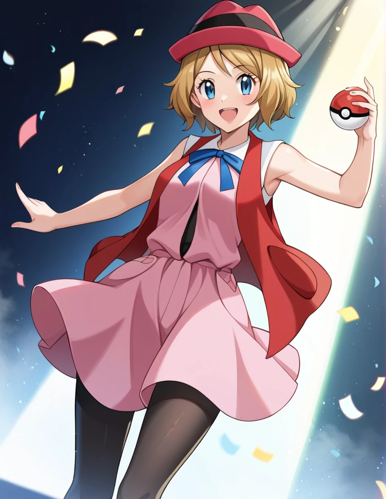 score_9, score_8_up, score_7_up, source_anime, rating_safe, BREAK serena \(pokemon\), 1girl, blue eyes, eyelashes, short hair, blonde hair, hat, neck ribbon, blue ribbon, pink shirt, sleeveless, bare arms, red jacket, pink skirt, black thighhighs, dutch angle, hand up, smile, happy, open mouth, holding poke ball, light particles, light rays, dutch angle, aura, backlighting, confetti, light particles, light rays, stage, stage lights, spot light