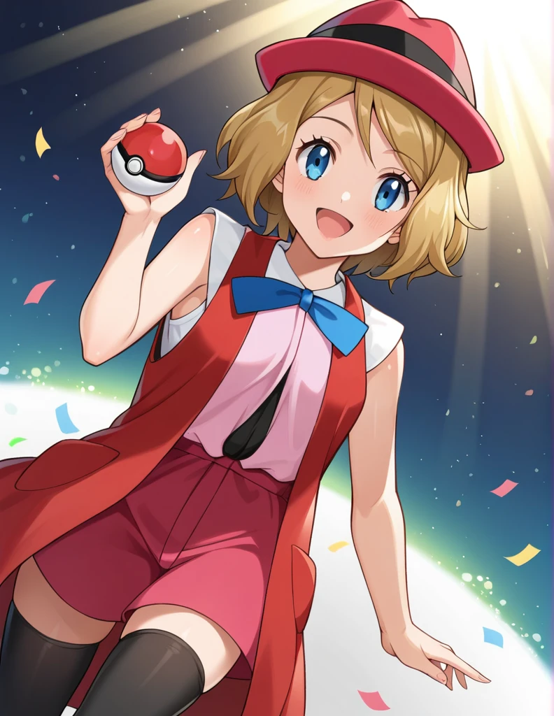 score_9, score_8_up, score_7_up, source_anime, rating_safe, BREAK serena \(pokemon\), 1girl, blue eyes, eyelashes, short hair, blonde hair, hat, neck ribbon, blue ribbon, pink shirt, sleeveless, bare arms, red jacket, pink skirt, black thighhighs, dutch angle, hand up, smile, happy, open mouth, holding poke ball, light particles, light rays, dutch angle, aura, backlighting, confetti, light particles, light rays, stage, stage lights, spot light