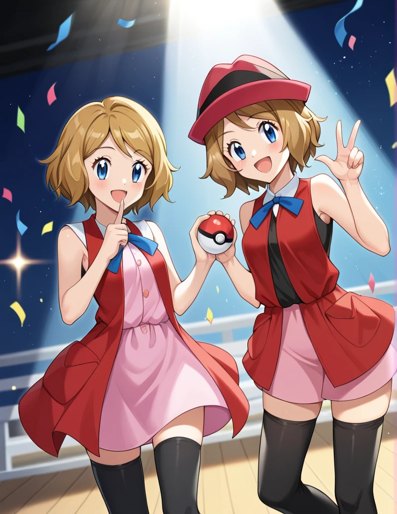 score_9, score_8_up, score_7_up, source_anime, rating_safe, BREAK serena \(pokemon\), 1girl, blue eyes, eyelashes, short hair, blonde hair, hat, neck ribbon, blue ribbon, pink shirt, sleeveless, bare arms, red jacket, pink skirt, black thighhighs, dutch angle, hand up, smile, happy, open mouth, holding poke ball, light particles, light rays, dutch angle, aura, backlighting, confetti, light particles, light rays, stage, stage lights, spot light