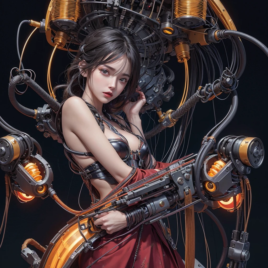 (((masterpiece))), ((Highest quality)), (Super Detail), (CG illustration), (So evil and beautiful)), Cinematic Light, ((1. Mechanical Girl)), single, (Mechanical Arts: 1.4), ((Mechanical Limbs)), (Blood vessel attached to a tube), ((Mechanical spine attached to the back)), ((Mechanical cervical vertebrae attached to the neck), (Back to viewers)), Expressionless, ( Wires and cables connected to the head and torso: 1.5), sf, Apocalypse, What&#39;s left behind, (Lower body integrated with mechanical device), (Blood: 1.5), Cruelty, Confused, eroticism, Integration with machines, The End Times, Super Future, Inorganic, Research Room, constrained, (Beautiful luxury: 1.2), (1 girl: 1.3), A body wrapped in mechanical tentacles