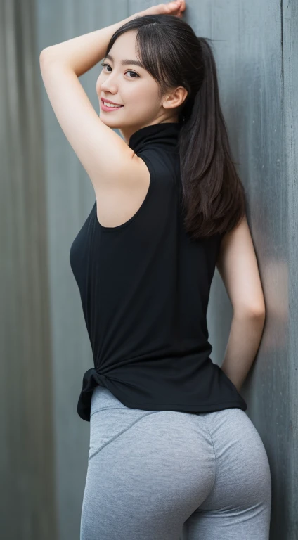 Tabletop, Highest quality, Live Action, Very detailed, In detail, High resolution, 8k wallpaper, Perfect dynamic composition, Beautiful attention to detail, Medium length hair in a ponytail,Chest under shirt:2.0、Natural color lip, Bold sexy pose,smile,20-year-old girl、cute、sexy shot looking at camera、From the knee upのショット、The whole body is visible、((At the gym:2.0、Long Sky High Neck Long Pants Yoga Wear、Black Wall、Power Rack、From the knee up、line、Big eyes、Long eyelashes、White liquid dripping down my ass:1.5、Backward view、back、))