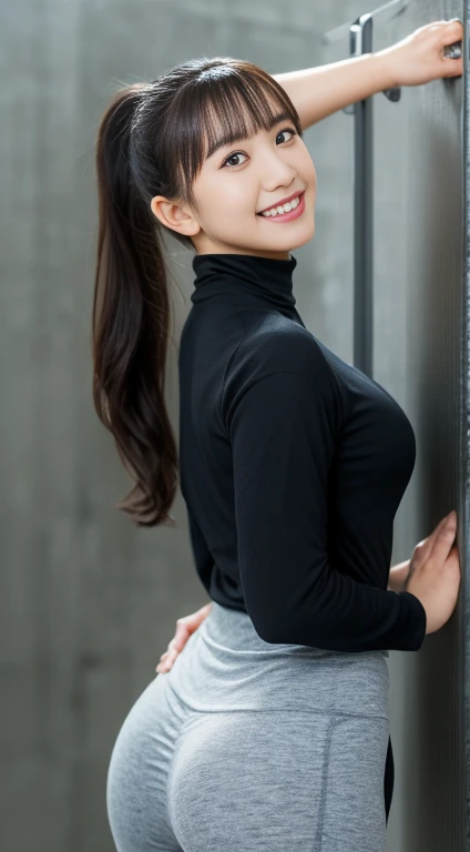 Tabletop, Highest quality, Live Action, Very detailed, In detail, High resolution, 8k wallpaper, Perfect dynamic composition, Beautiful attention to detail, Medium length hair in a ponytail,Chest under shirt:2.0、Natural color lip, Bold sexy pose,smile,20-year-old girl、cute、sexy shot looking at camera、From the knee upのショット、The whole body is visible、((At the gym:2.0、Long Sky High Neck Long Pants Yoga Wear、Black Wall、Power Rack、From the knee up、line、Big eyes、Long eyelashes、White liquid dripping down my ass:1.5、Backward view、back、))