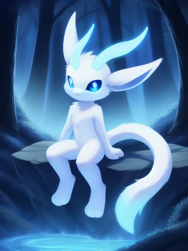 "Ori and the blind forest", Ori, shota, young, white body fur, blue sclera, white pupils, narrowed eyes, long ears, dark blue nose, :3, full body, feets with three toes, sit on rock, night, forest, detailed body fur, detailed face, detailed eyes, glistering body, shiny body, gorgeous body, looking at you, glowing body fur, solo, skinny long tail, hair antennae on head, guardian spirit, masterpiece, hourglass figure,