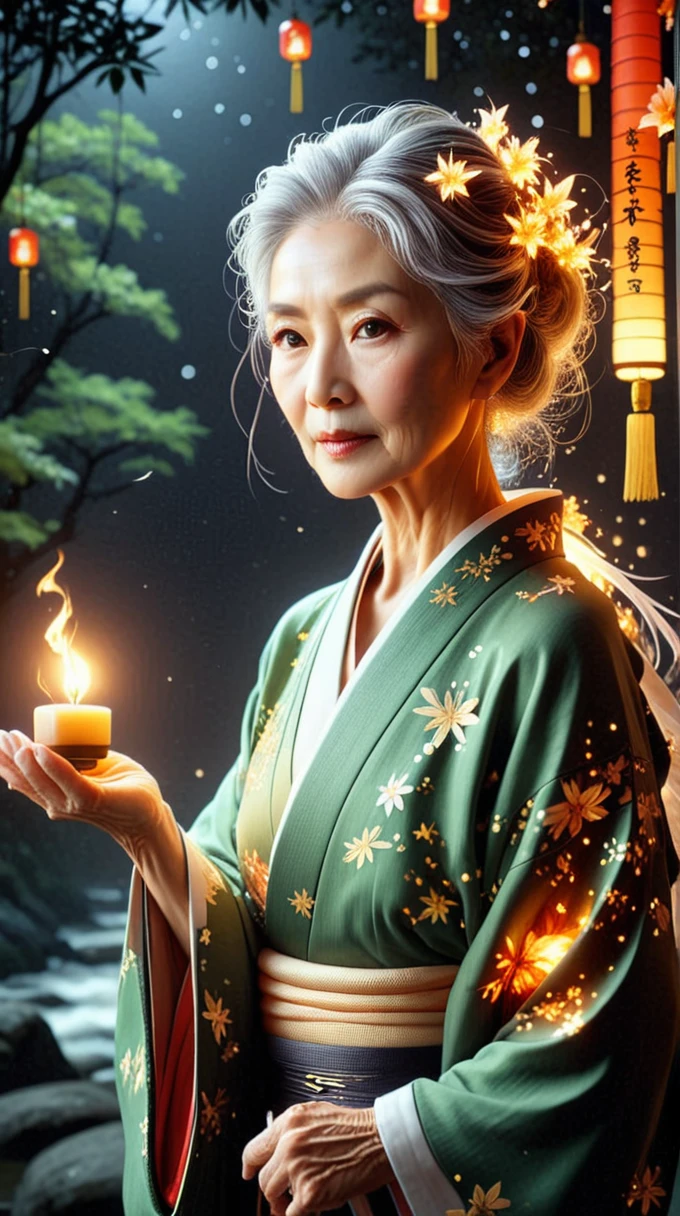 ElementFire Orange 庭の手入れをするFair skin, Women around 70 years old, Natural gray hair, characteristic green eyes,Wear kimono, Slender and elegant, beautiful, Candlelight in an ancient atmosphere,Close-up, Dew-covered leaves and sparkling dew reflect the night sky, A river of stars flowing through the darkness, Creates a calm and peaceful atmosphere, Fair skin, Women around 70 years old, Natural gray hair, characteristic green eyes,Wear kimono, Slender and elegant, beautiful, Candlelight in an ancient atmosphere, Super sharp focus, Realistic shots,Wide angle，Ultra-high resolution detail, Hyper HD, Super Detail, Attention to detail, Highest quality, High resolution, Awards, 8k）