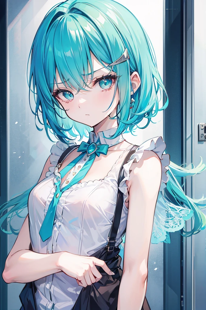 turquoise bob, hairpin, portrait, tsundere, girl, Grumpy, Silver eyes, sleeveless shirt, small breasts, Cardigan