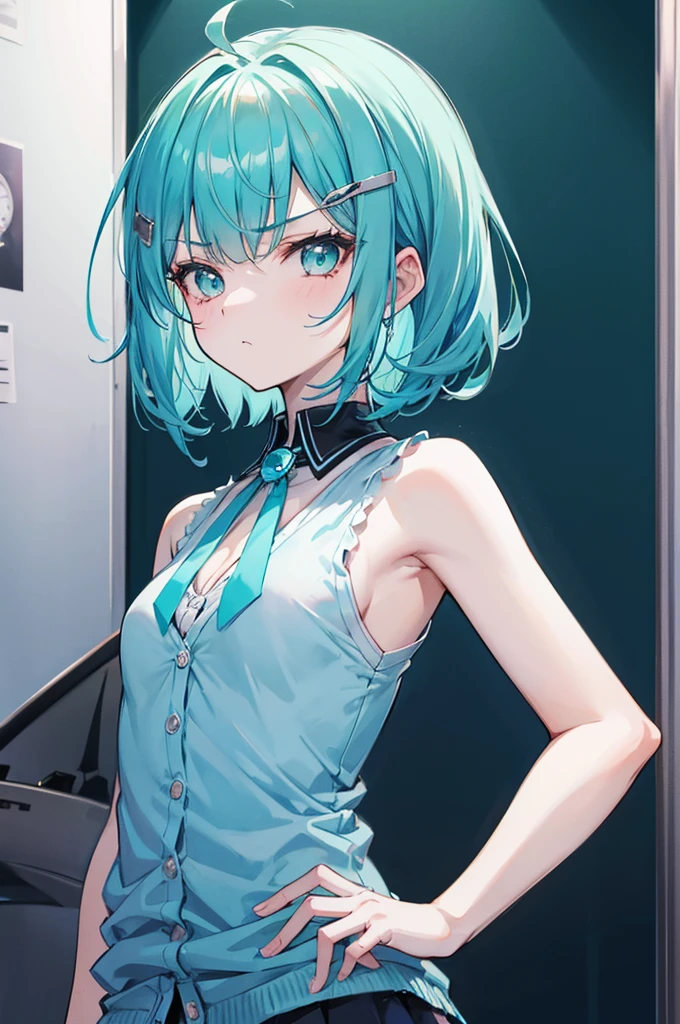 turquoise bob, hairpin, portrait, tsundere, girl, Grumpy, Silver eyes, sleeveless shirt, small breasts, Cardigan