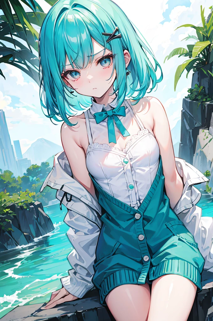 turquoise bob, hairpin, portrait, tsundere, girl, Grumpy, Silver eyes, sleeveless shirt, small breasts, Cardigan