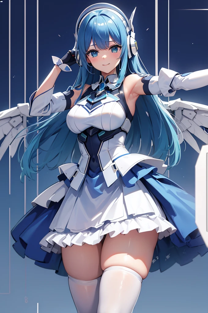 Mecha Wings、White and blue skirt、Accentuated thighs、White tights、chest、Beautiful blue hair、1 girl、solo girl、Thick thighs、IS、Frame Arms Girl、Alice Gere Aegis、White Armor、Blue and purple lines、income、headphone、hand on own chest、smile