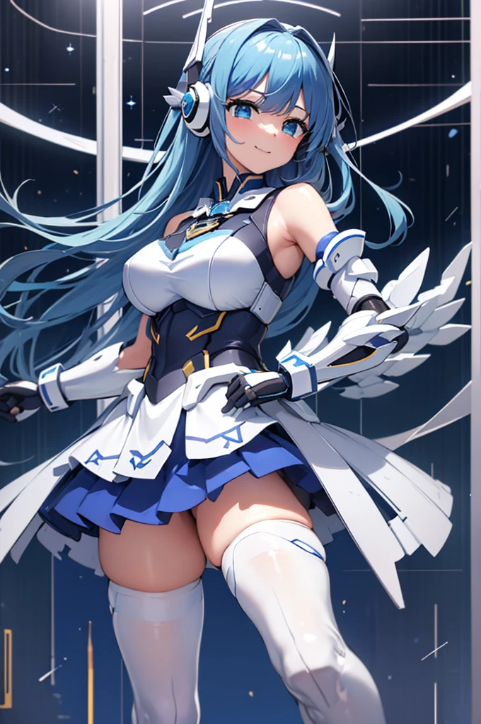 Mecha Wings、White and blue skirt、Accentuated thighs、White tights、chest、Beautiful blue hair、1 girl、solo girl、Thick thighs、IS、Frame Arms Girl、Alice Gere Aegis、White Armor、Blue and purple lines、income、headphone、hand on own chest、smile