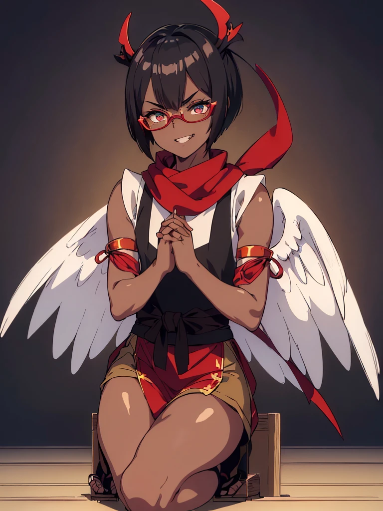 (flat chest), (masterpiece:1.2), highest quality, High resolution, unity 8k wallpaper, (fine and beautiful eyes:1.6), highly detailed face, perfect lighting, Detailed CG, (perfect hands, perfect ???????), (1 boy solo:1.4), 20 years old,( black hair:1.3), extremely beautiful detailfeminine face and eyes, (evil smile:1.4), detailed eyes, best quality,( dark skin:1.8),   extremely detailed, very precise detailed,(glasses:1.3), blunt bangs, open mouth, (very short pixie cut:1.2), (tengu-geta:1.4),(fingerless gloves:1.5), smile, half closed eyes,long sidelocks,(long red Scarf:1.3),(sleeveless yukata),(on one knee:1.5) ,(own hands clasped:1.8), spread legs,(kuji-in:1.3)
