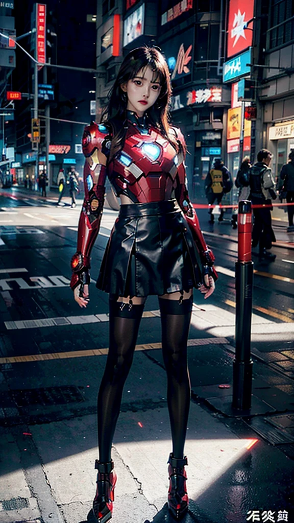Beautiful Iron Man，Full body portrait，Wearing a JK skirt，Black pantyhose，Wearing high heels，Cyberpunk，Night，Hyperrealism，Neon Street，Ray Tracing，masterpiece，Light and Shadow，Fine drawing