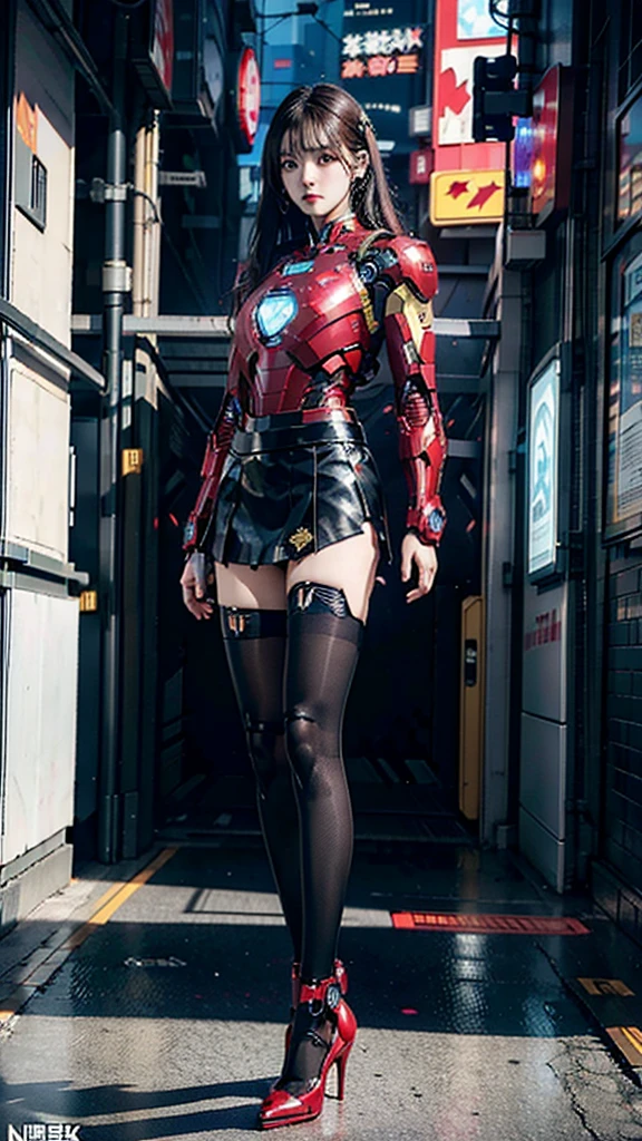 Beautiful Iron Man,Full body portrait,Wearing a JK skirt,Black pantyhose,Wearing high heels,Cyberpunk,Night,Hyperrealism,Neon Street,Ray Tracing,masterpiece,Light and Shadow,Fine drawing