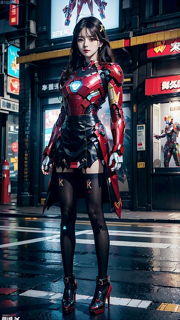 Beautiful Iron Man，Full body portrait，Wearing a JK skirt，Black pantyhose，Wearing high heels，Cyberpunk，Night，Hyperrealism，Neon Street，Ray Tracing，masterpiece，Light and Shadow，Fine drawing