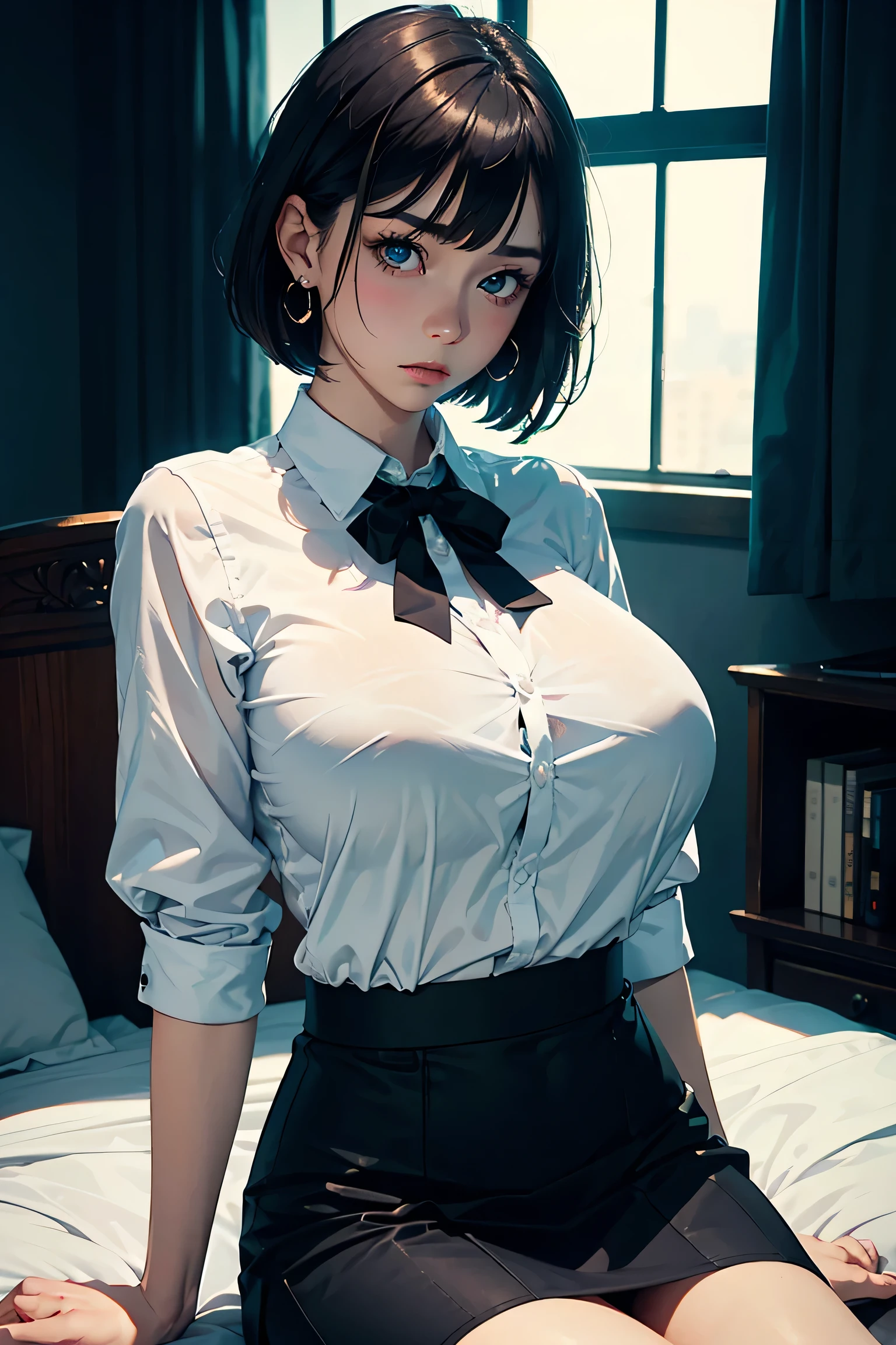 (masterpiece:1.2, Highest quality), (Realistic photos), Beautiful illustrations, (Natural side lighting, Cinema lighting),High detail、1 girl, Japanese、20-year-old female, Perfect Face, Symmetrical cute face, Glowing Skin, (Black short bob), Dark blue eyes, (Huge breasts:1.2), Slender build, Flowing bangs、Beautiful Hair, Beautiful Face, Fine and beautiful eyes, Beautiful body, Beautiful breasts,Earrings、 (White collared shirt、Black tight skirt),Sad expression、Blushing、stand、Bedroom、bed