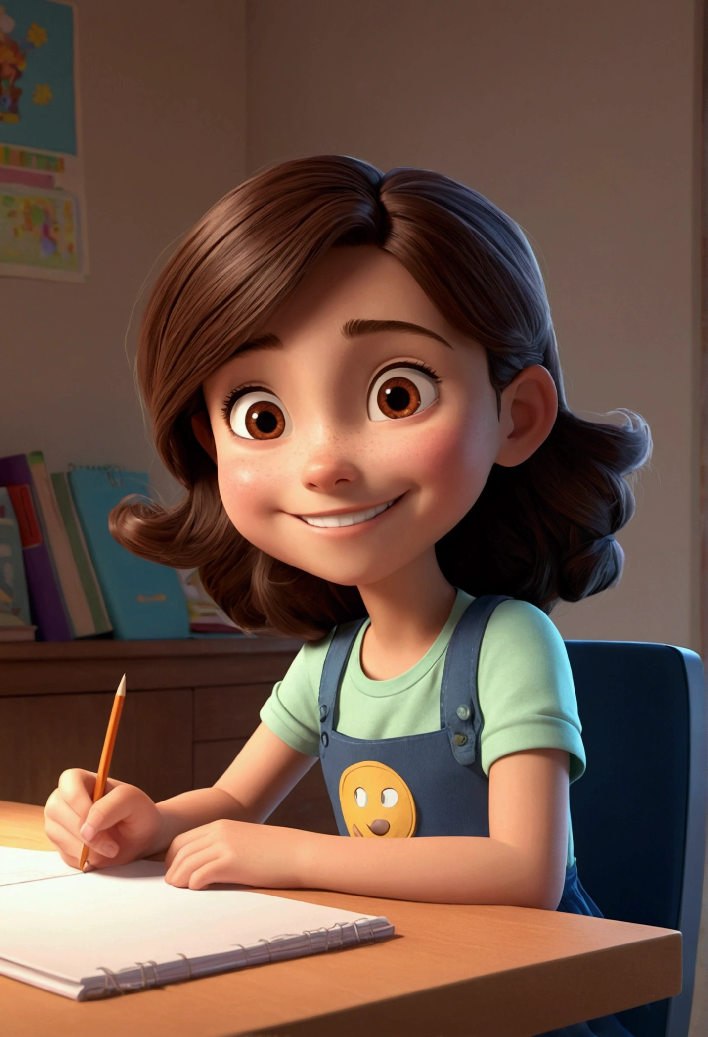 Cartoon character of a girl sitting at a desk, Animated character, He smiles