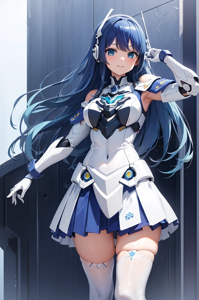 Mecha Wings、White and blue skirt、Accentuated thighs、White tights、chest、Beautiful dark blue hair、1 girl、solo girl、Thick thighs、IS、Frame Arms Girl、Alice Gere Aegis、White Armor、Blue and purple lines、income、headphone、hand on own chest、smile