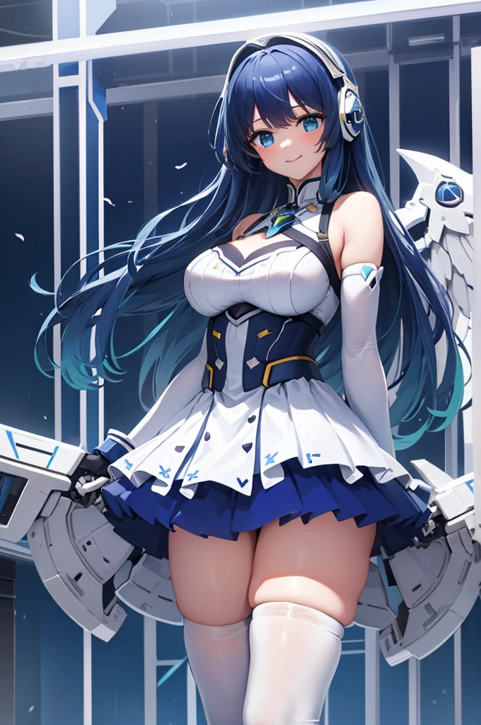 Mecha Wings、White and blue skirt、Accentuated thighs、White tights、chest、Beautiful dark blue hair、1 girl、solo girl、Thick thighs、IS、Frame Arms Girl、Alice Gere Aegis、White Armor、Blue and purple lines、income、headphone、hand on own chest、smile