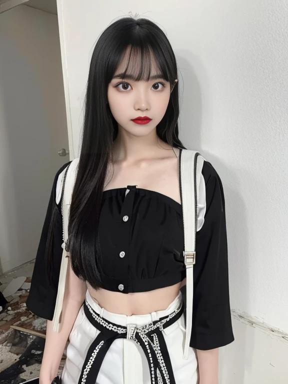 raw photo, 8k, (top-quality), Realistic, (real picture, Intricate details), (natural skin texture, detailed skin, hyper realism, sharpness), (Japanese teenage girl standing in an abandoned apartment building), ((jirai fashion with black and white:1.6)), (pale skin:1.2), slender body, ((white hair, long straight hair, blunt bangs)), (seductive face, provocative look, Parted lips),(droppy big eyes,eye shadow, eyeliner, tear bag, red lipstick), thigh, dusty room, cracked wall, Pile of rubble:1.3, spot lighting:1.3, cowboy shot