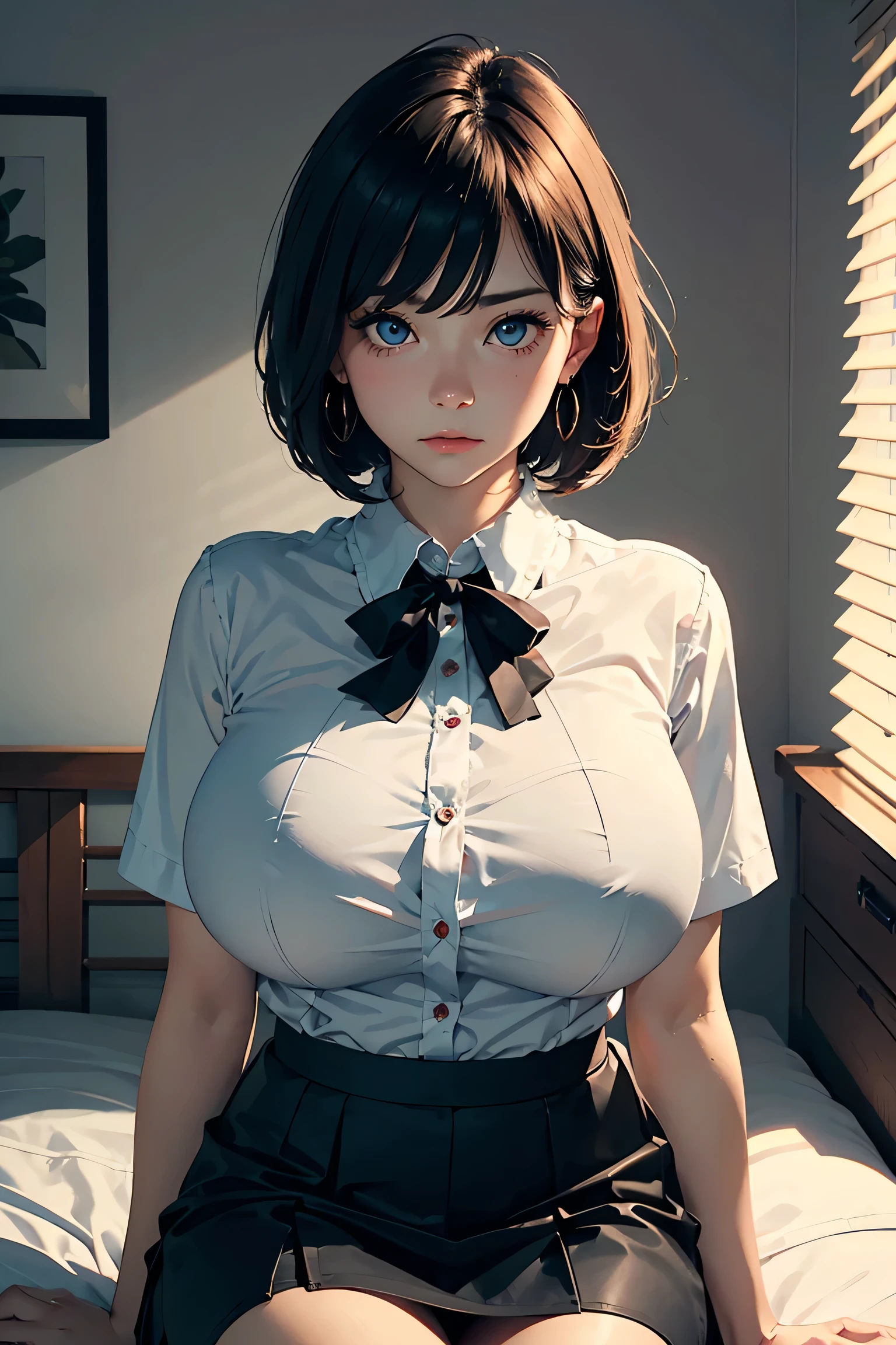 (masterpiece:1.2, Highest quality), (Realistic photos), Beautiful illustrations, (Natural side lighting, Cinema lighting),High detail、1 girl, Japanese、20-year-old female, Perfect Face, Symmetrical cute face, Glowing Skin, (Black short bob), Dark blue eyes, (Huge breasts:1.2), Slender build, Flowing bangs、Beautiful Hair, Beautiful Face, Fine and beautiful eyes, Beautiful body, Beautiful breasts,Earrings、 (White collared shirt、Black tight skirt),Sad expression、Blushing、stand、Bedroom、bed