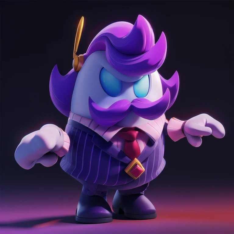 haltmann, purple hair, purple mustache, arms and hands, wearing a dark blue suit with pink vertical lining, pink shirt, red tie, black shoes, gold suit button with a red diamond, pale purple hands, pink cuffs, pale purpmin, blue eyes, golden earpiece with antenna