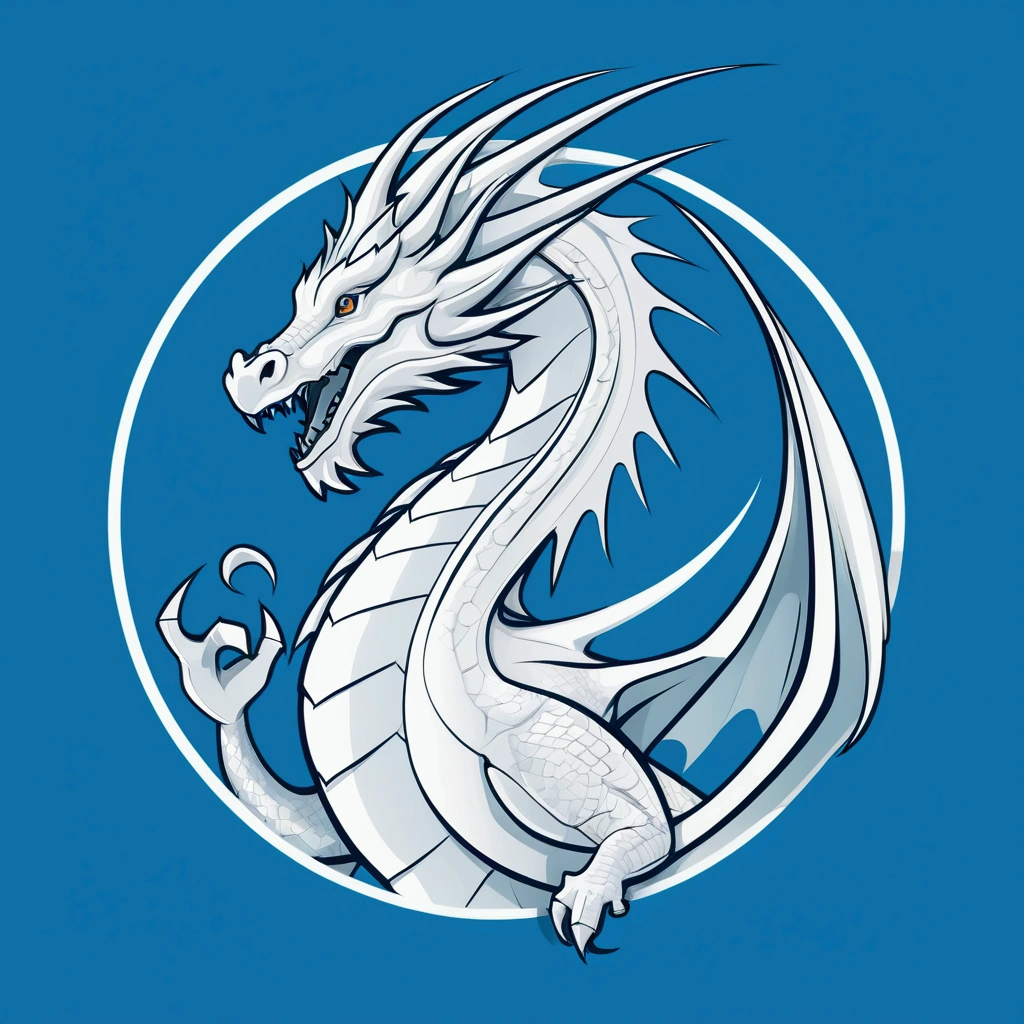 ::style vetor, vectorized logo of a white dragon, soon in (((rounded shape))), with white and light blue colors, white outlines and backgrounds, ::n_style image background, Deformations in the logo, animated cartoon, anime white background