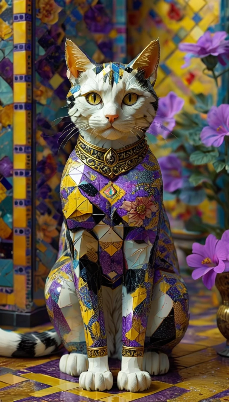 A hyperdetailed 3D cat figure, intricately overlaid with various shapes of differing sizes, including squares, triangles, and other creative forms, stands majestically. The unique mosaic-like texture gives the cat an artistic, surreal appearance. The room around it features elaborate floral and Persian geometric patterns in black, purple, and yellow, adding to the intricate visual complexity. The detailed shapes on the cat’s body contrast beautifully with the rich, ornate background, creating a harmonious yet strikingly surreal environment. The overall scene is a captivating blend of artistic creativity and geometric elegance.
