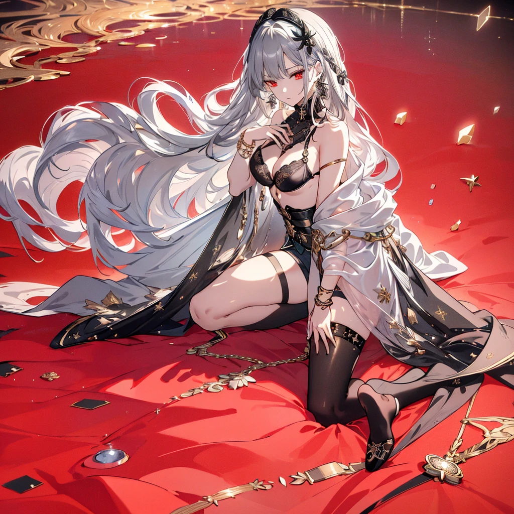 8k,High resolution RAW color art, Anime Art,Silver Marble Skin, (((Highly detailed elegant))), Detailed skin, texture,(Exquisitely crafted, The finer details, Ultra-detailed art), (((1 girl))), Depth of written boundary, Silky Touch, Hyper Detail, (((Cool face))), eye shadow、Armed women, Beautiful detailed red eyes, Beautiful lip detail, Highly detailed face, Delicate depiction of hair and eyes, Detailed Fashion, Golden Earrings,Full body depiction, Black half-top bra、Black shorts、Waist Cloak、black tights、Golden decoration, Gray Hair, Golden bracelet, Straight Hair、(((Hair)))、moonlight、Calm background、(((Black theme)))、Snowflake background、Side view、Kneeling